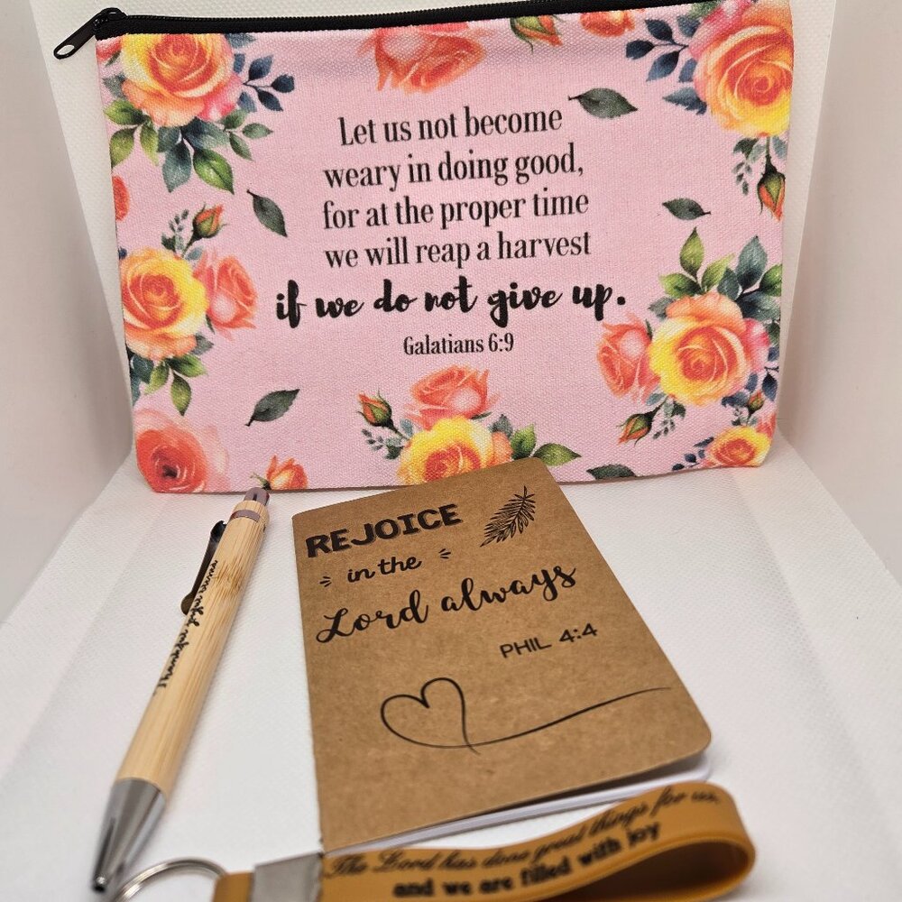 NEW INSPIRATIONAL FAITH CANVAS POUCH, NOTEPAD, PEN, BOOKMARK & KEYCHAIN GIFT SET